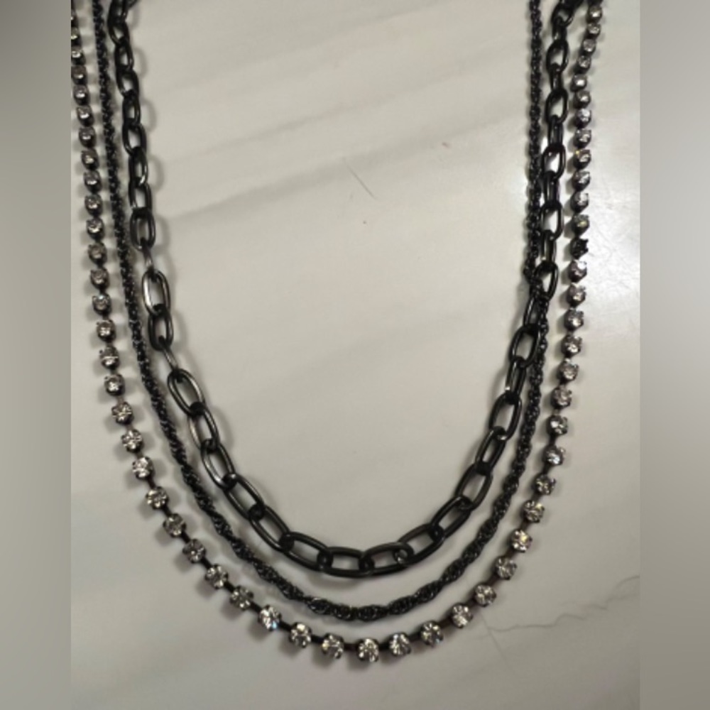 J Crew Rhinestone Multi Strand Necklace Gunmetal Black Chain Link